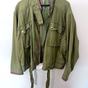 Free People Flight Line Bomber Jacket Western Tribal Cargo Green size L